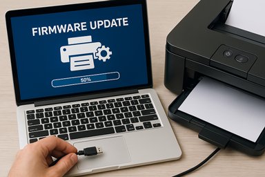 Фахівець виконує прошивку сучасного лазерного принтера в сервісному центрі